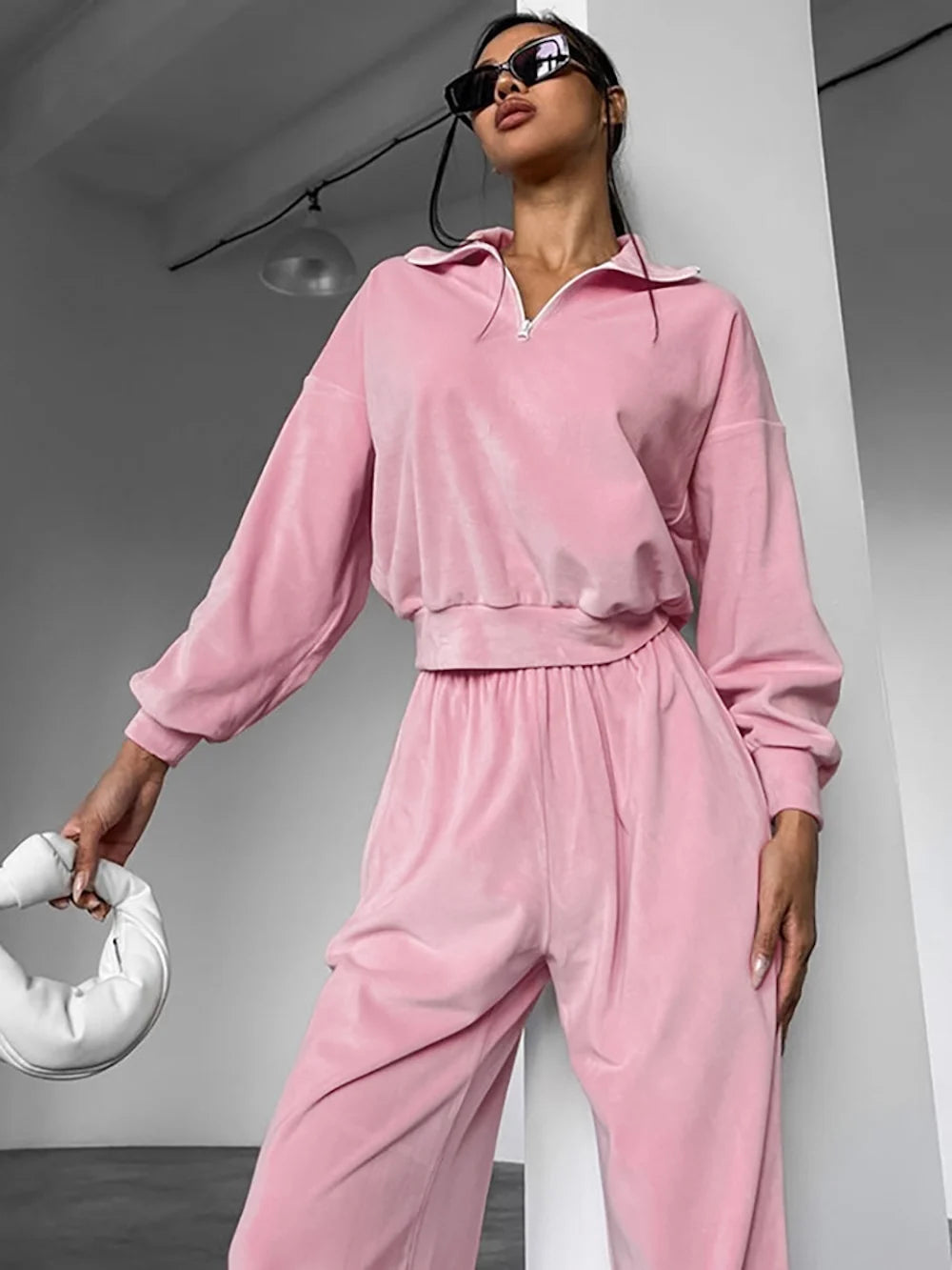 Enyami Hoodie Suit Coat Trousers Two-piece Women's Wear Women Pink Velour Sweatshirt Insert Pockets Track Pants Velvet Joggers