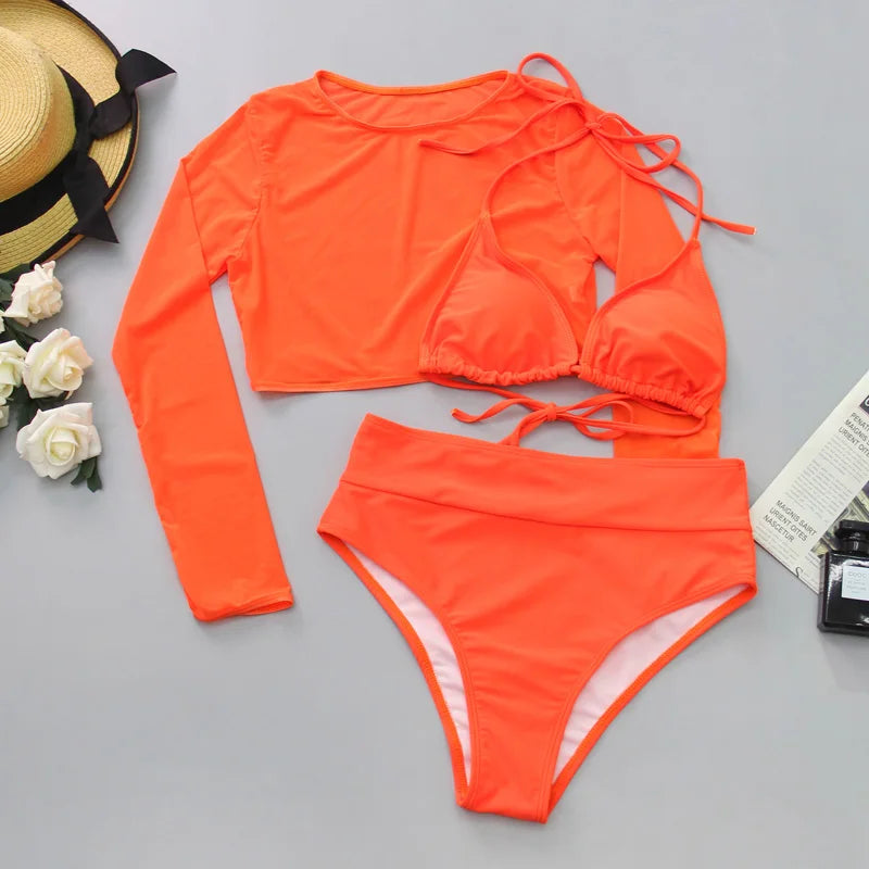 2024 Neon Yellow Crop Top Swimwear Women Summer Sexy Beachwear Mesh Long Sleeve Cover Ups Top Three Piece Swimsuit Bikini Set