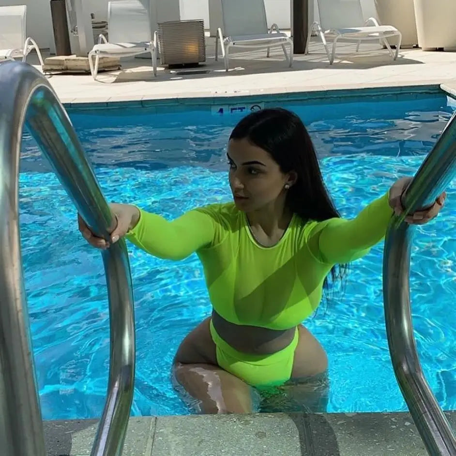 2024 Neon Yellow Crop Top Swimwear Women Summer Sexy Beachwear Mesh Long Sleeve Cover Ups Top Three Piece Swimsuit Bikini Set