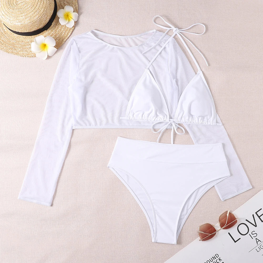 2024 Neon Yellow Crop Top Swimwear Women Summer Sexy Beachwear Mesh Long Sleeve Cover Ups Top Three Piece Swimsuit Bikini Set
