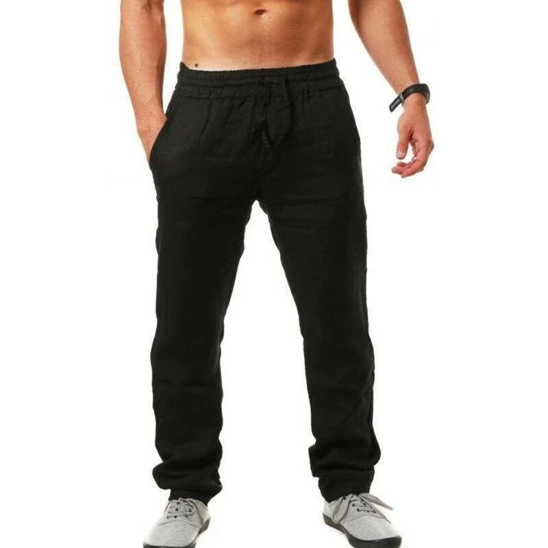 Men's Cotton Linen Pants Summer Solid Color Breathable Linen Trousers Male Casual Elastic Waist Fitness Pants Hip-Hop Streetwear