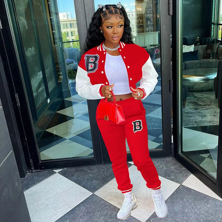 Casual Two-Piece Baseball Uniform Woolen Sports Suit with Short Tops Solid Winter Design One Set Nonwoven Women's