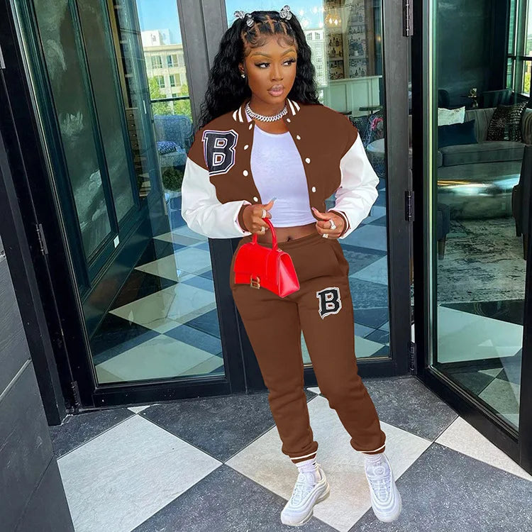 Casual Two-Piece Baseball Uniform Woolen Sports Suit with Short Tops Solid Winter Design One Set Nonwoven Women's