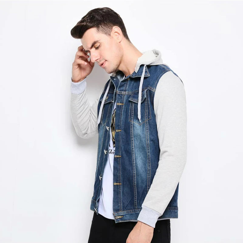 Denim Jacket Men Hooded Jeans Jackets Mens Fashion Patchwork Hoodies Casual Cowboy Mens Jacket Streetwear Mens Jackets and Coats