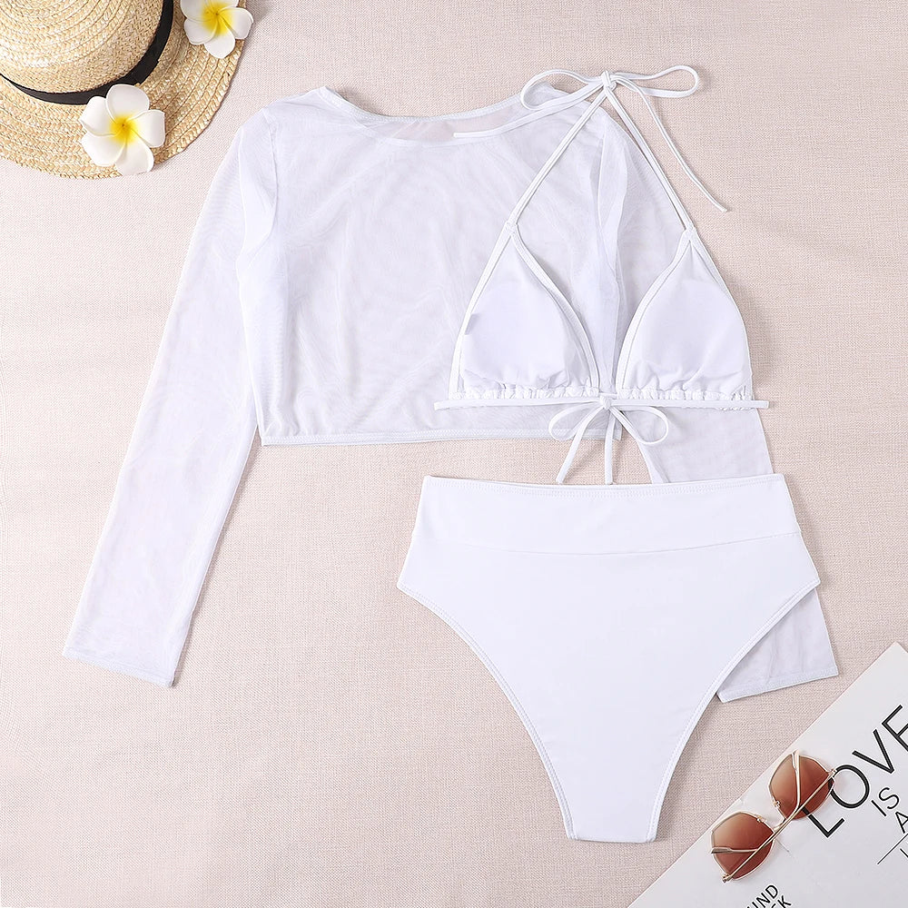 2024 Neon Yellow Crop Top Swimwear Women Summer Sexy Beachwear Mesh Long Sleeve Cover Ups Top Three Piece Swimsuit Bikini Set