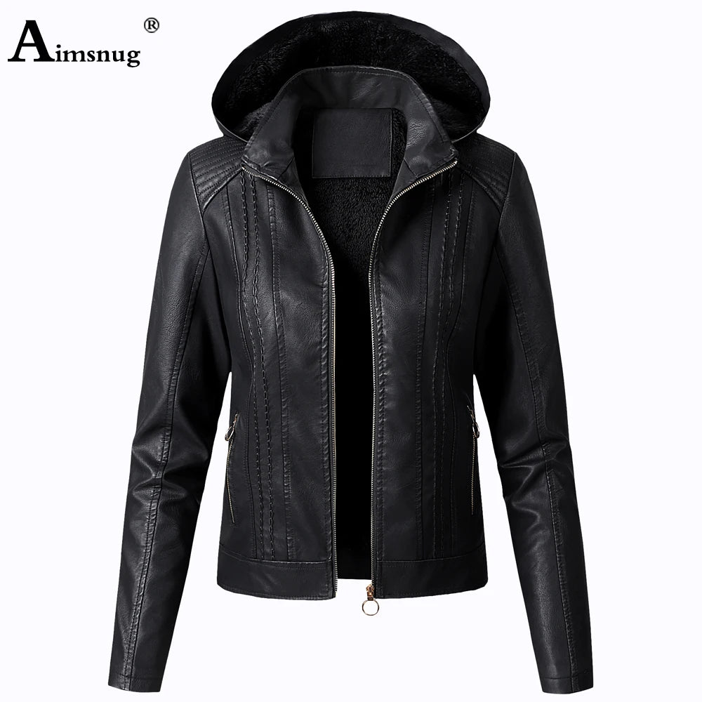 Women Faux Pu Leather Jackets 2021 Autumn Winter Hooded Outerwear Pockets Zipper Coat Slim Biker Jacket Blue Hoodies Plus Velvet