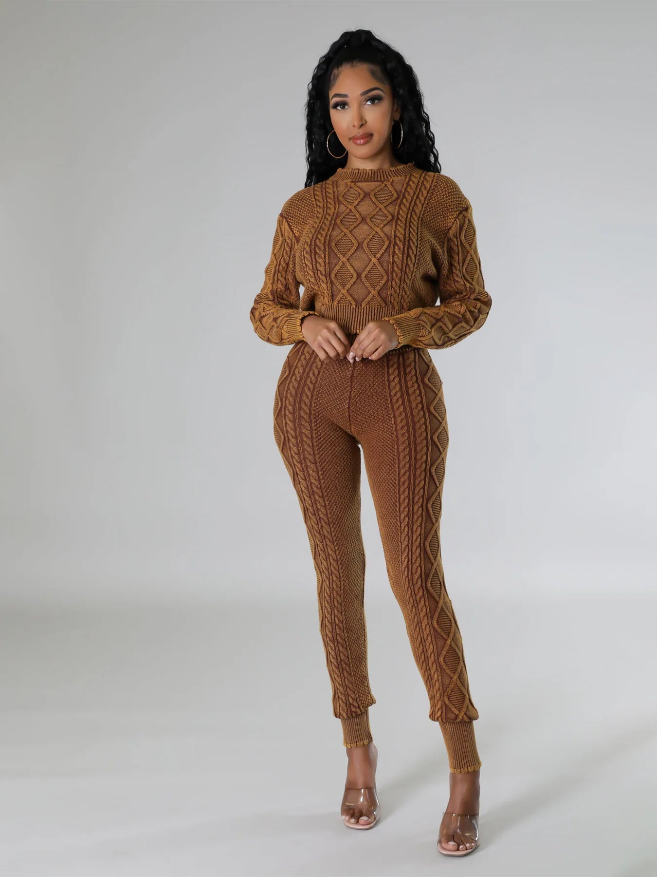 New Women's Casual Print Two-Piece Set Fall Autumn Knitting Sweater and Washed Pants for Winter