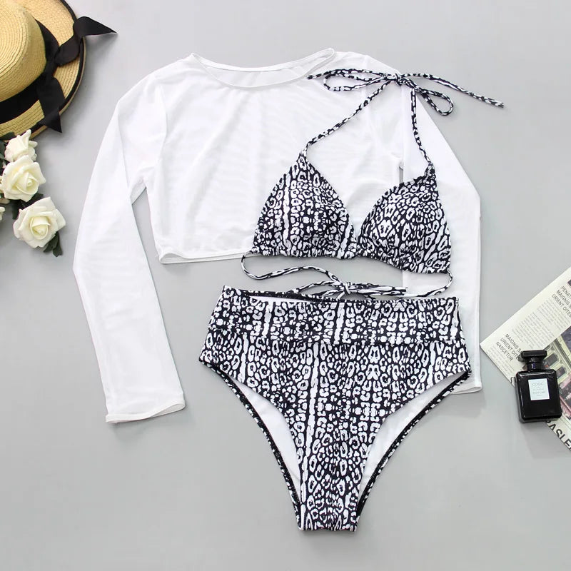 2024 Neon Yellow Crop Top Swimwear Women Summer Sexy Beachwear Mesh Long Sleeve Cover Ups Top Three Piece Swimsuit Bikini Set