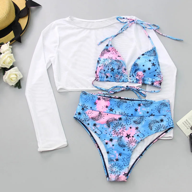 2024 Neon Yellow Crop Top Swimwear Women Summer Sexy Beachwear Mesh Long Sleeve Cover Ups Top Three Piece Swimsuit Bikini Set
