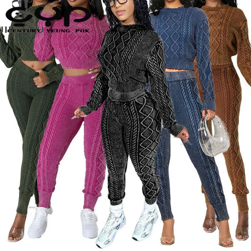 New Women's Casual Print Two-Piece Set Fall Autumn Knitting Sweater and Washed Pants for Winter