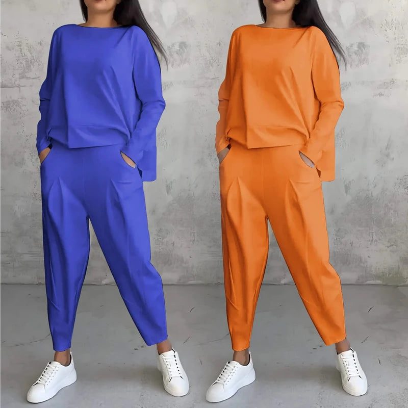 Plus Size Spring Fall Women's Clothing Ladies Solid Color O Neck Long Sleeve T Shirt Pocket Pants Casual Two Piece Women Set