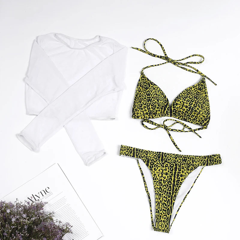 2024 Neon Yellow Crop Top Swimwear Women Summer Sexy Beachwear Mesh Long Sleeve Cover Ups Top Three Piece Swimsuit Bikini Set