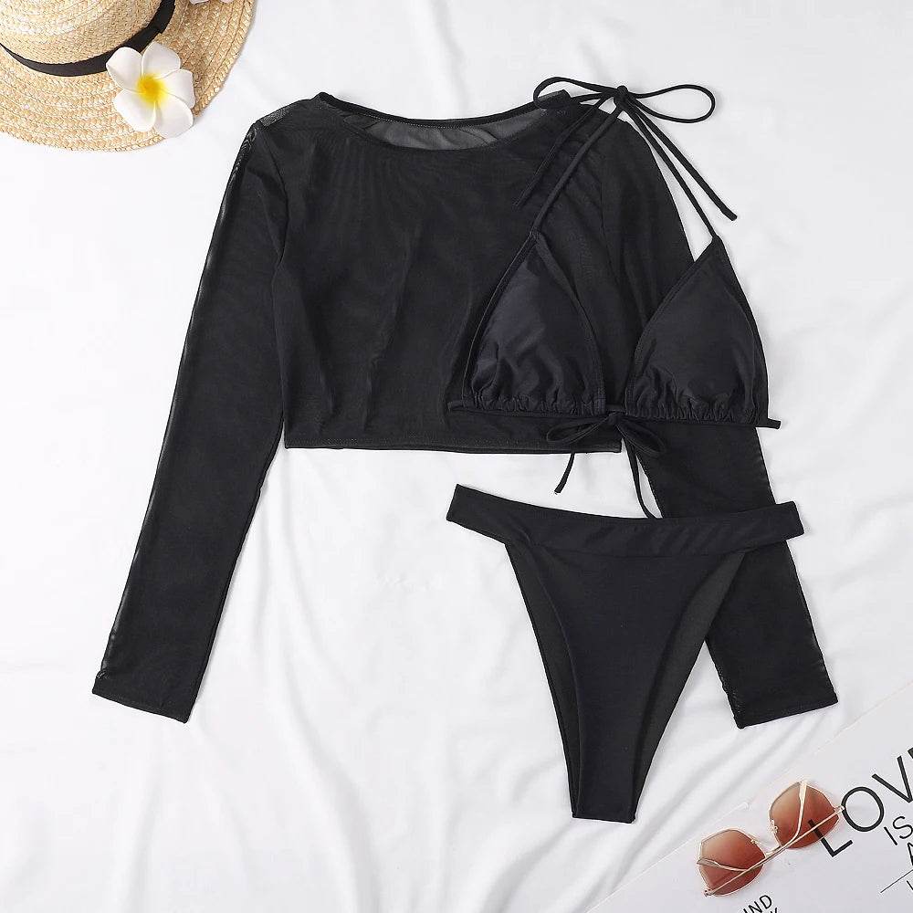 2024 Neon Yellow Crop Top Swimwear Women Summer Sexy Beachwear Mesh Long Sleeve Cover Ups Top Three Piece Swimsuit Bikini Set
