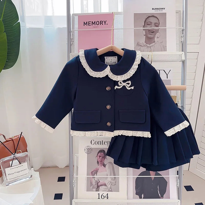 Girls Small Fragrant Wind Set Spring and Autumn New College Wind Small Fragrant Wind Top Pleated Skirt Two-piece Set