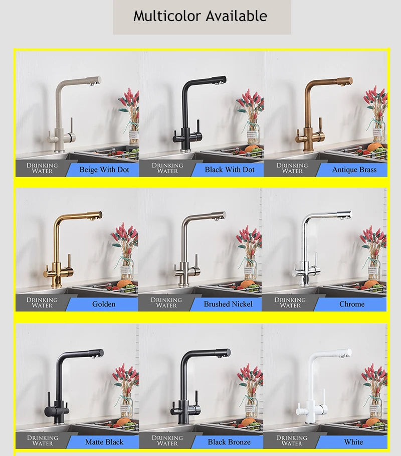 Chrome Kitchen Faucet Dual Swivel Spout Drinking Water Filter Brass Purifier Vessel Sink Mixer Tap Hot and Cold Water Torneira