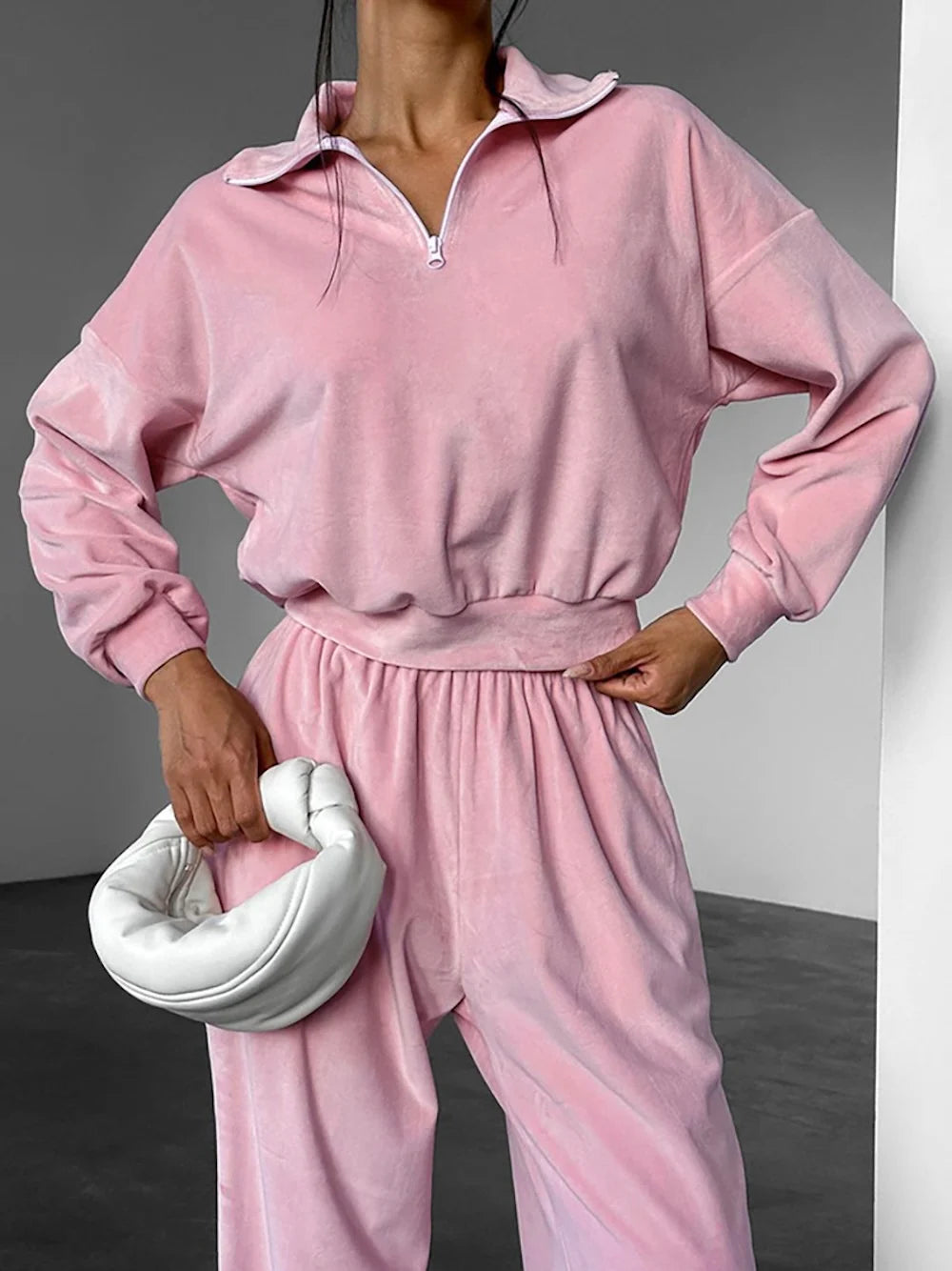 Enyami Hoodie Suit Coat Trousers Two-piece Women's Wear Women Pink Velour Sweatshirt Insert Pockets Track Pants Velvet Joggers
