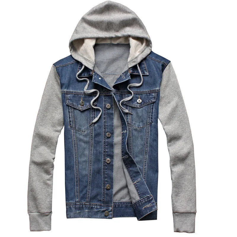Denim Jacket Men Hooded Jeans Jackets Mens Fashion Patchwork Hoodies Casual Cowboy Mens Jacket Streetwear Mens Jackets and Coats