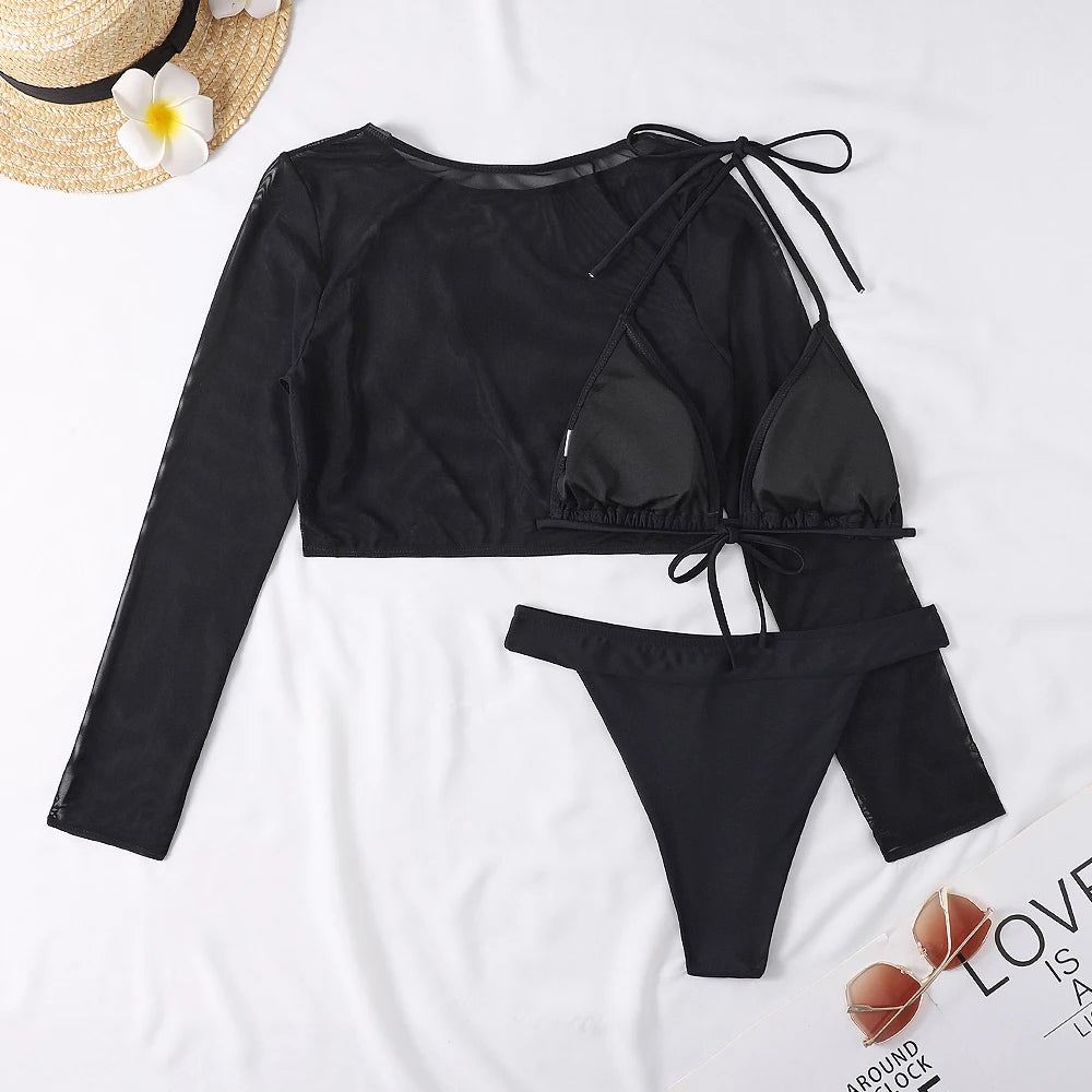 2024 Neon Yellow Crop Top Swimwear Women Summer Sexy Beachwear Mesh Long Sleeve Cover Ups Top Three Piece Swimsuit Bikini Set