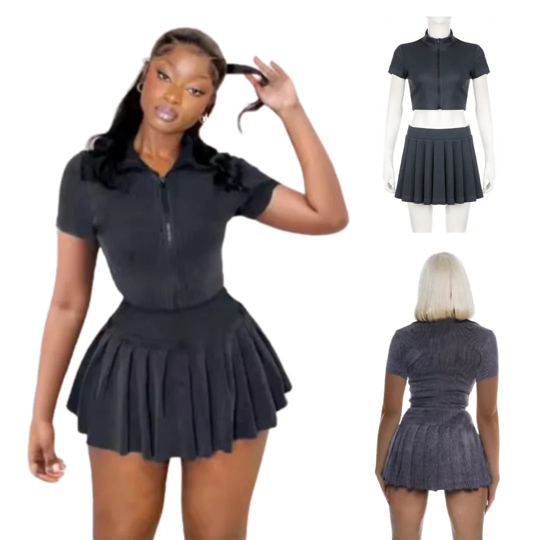 Women'S Summer Knit Solid Color Lapel Short-Sleeved Zipper Coat High-Waisted Pleated Skirt Fashion Sports Casual Two-Piece Set