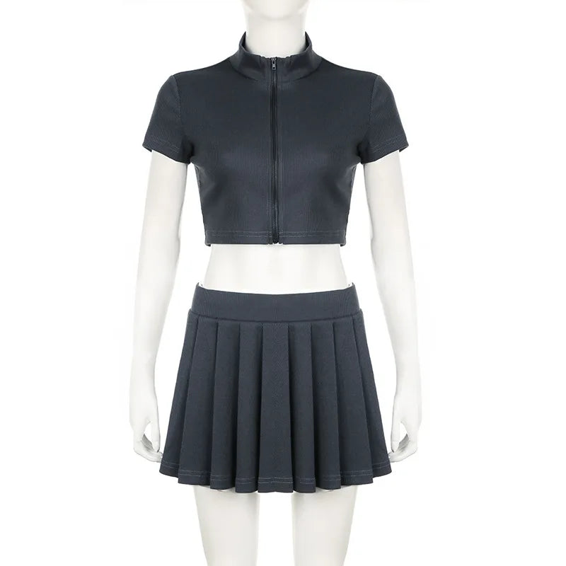 Women'S Summer Knit Solid Color Lapel Short-Sleeved Zipper Coat High-Waisted Pleated Skirt Fashion Sports Casual Two-Piece Set