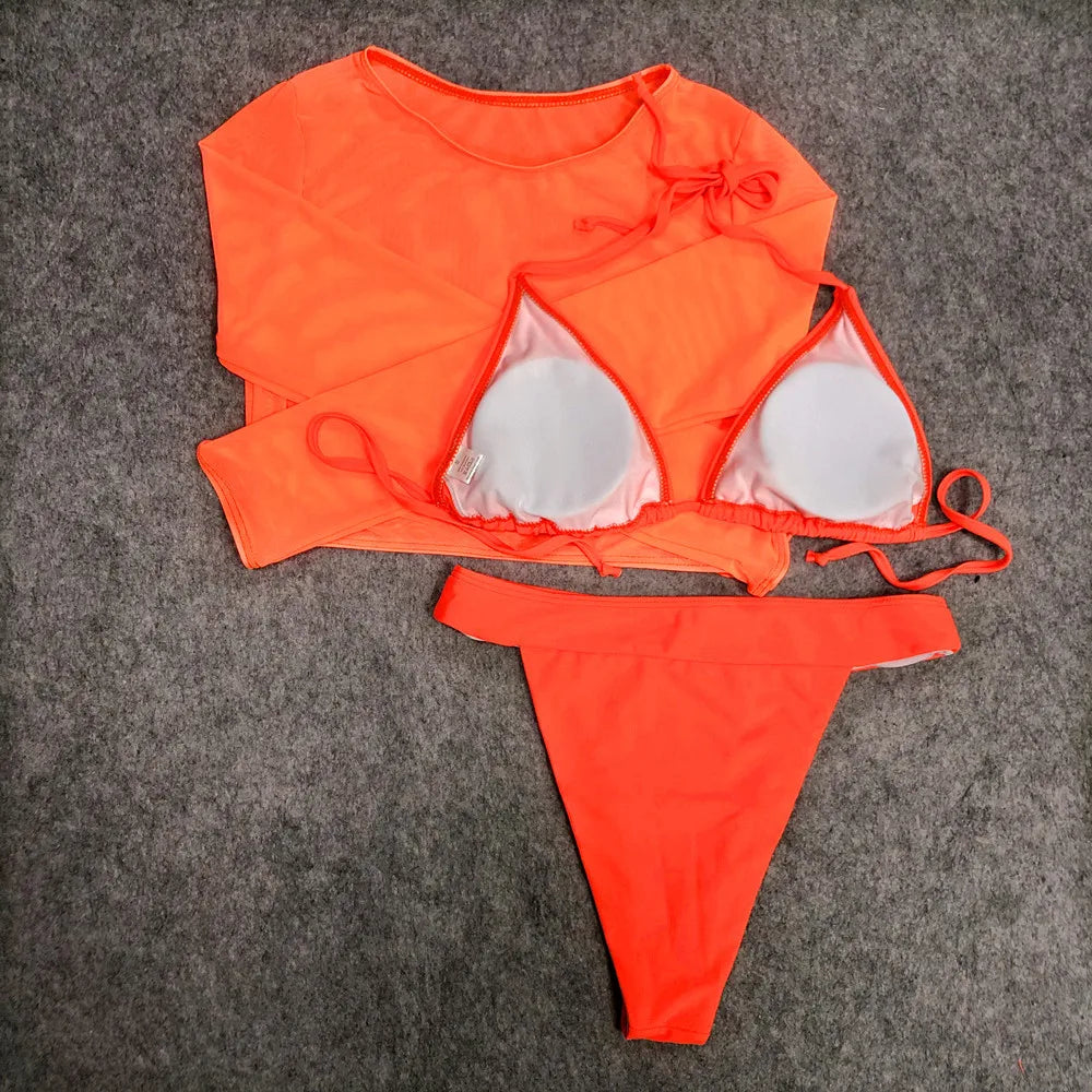 2024 Neon Yellow Crop Top Swimwear Women Summer Sexy Beachwear Mesh Long Sleeve Cover Ups Top Three Piece Swimsuit Bikini Set