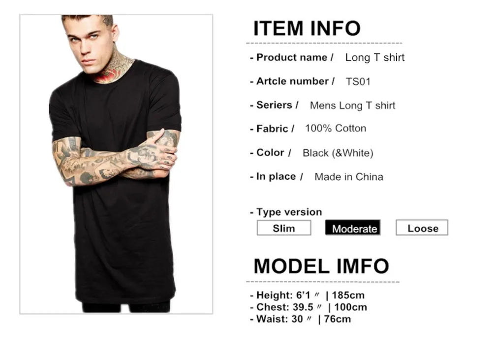 2026 Brand New Clothing Mens Black Mens Long T shirt Tops Hip Hop Man T-shirt Short Sleeve Casual Men Tee shirts For Male