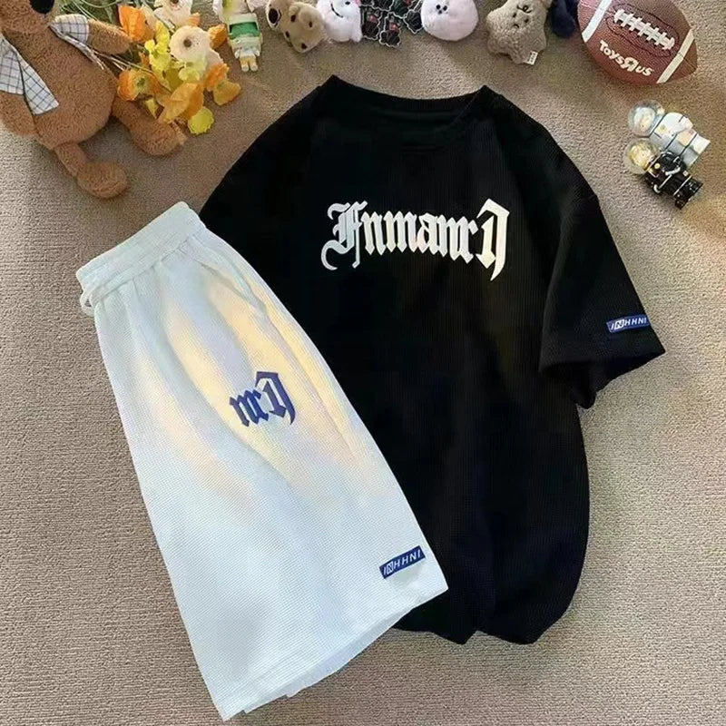 2024 Summer New Large Men's Sportswear Set Waffle Short Sleeve Shorts Versatile Loose Two Piece Set