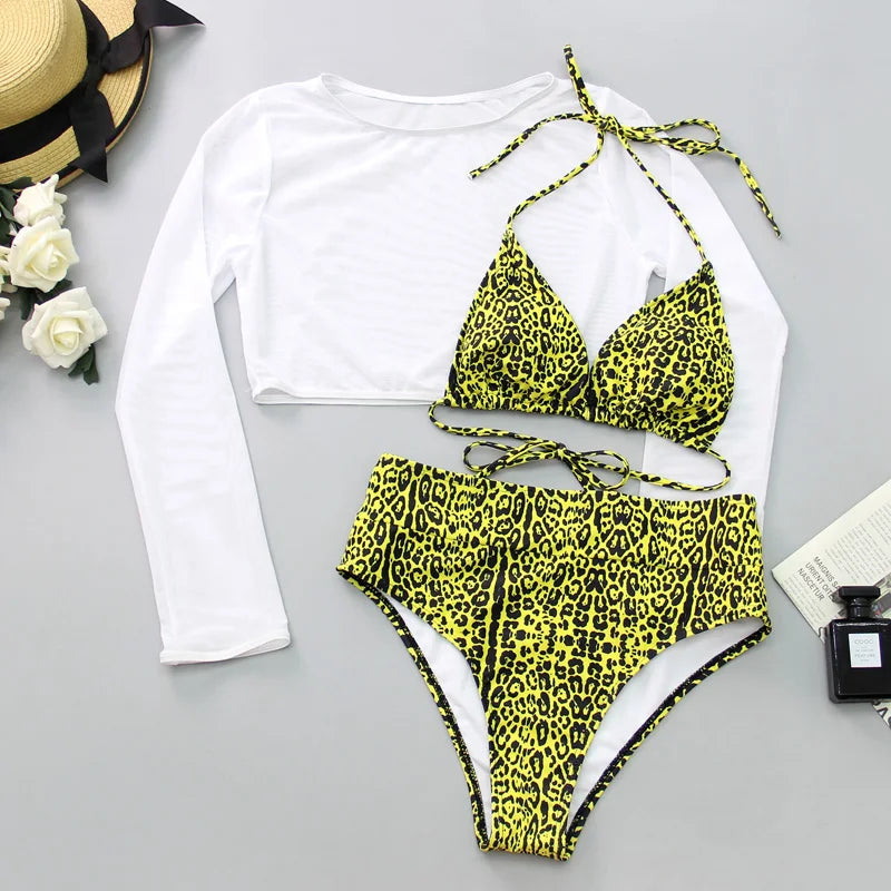 2024 Neon Yellow Crop Top Swimwear Women Summer Sexy Beachwear Mesh Long Sleeve Cover Ups Top Three Piece Swimsuit Bikini Set
