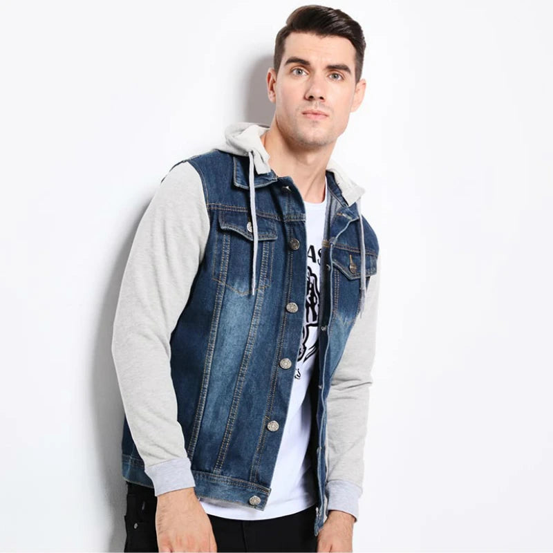 Denim Jacket Men Hooded Jeans Jackets Mens Fashion Patchwork Hoodies Casual Cowboy Mens Jacket Streetwear Mens Jackets and Coats