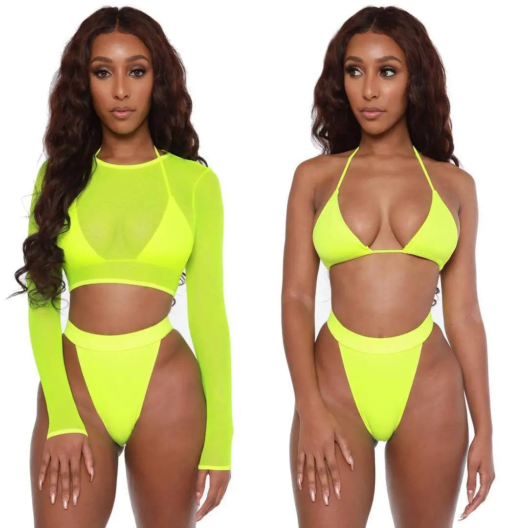 2024 Neon Yellow Crop Top Swimwear Women Summer Sexy Beachwear Mesh Long Sleeve Cover Ups Top Three Piece Swimsuit Bikini Set