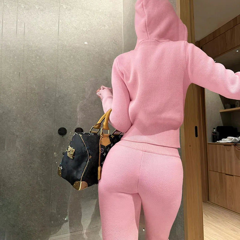 Women Autumn Cropped Hoodie Sweatpants Two Piece Set Street Casual Solid Color Sweatsuit Woven Breathable Short Top for Women