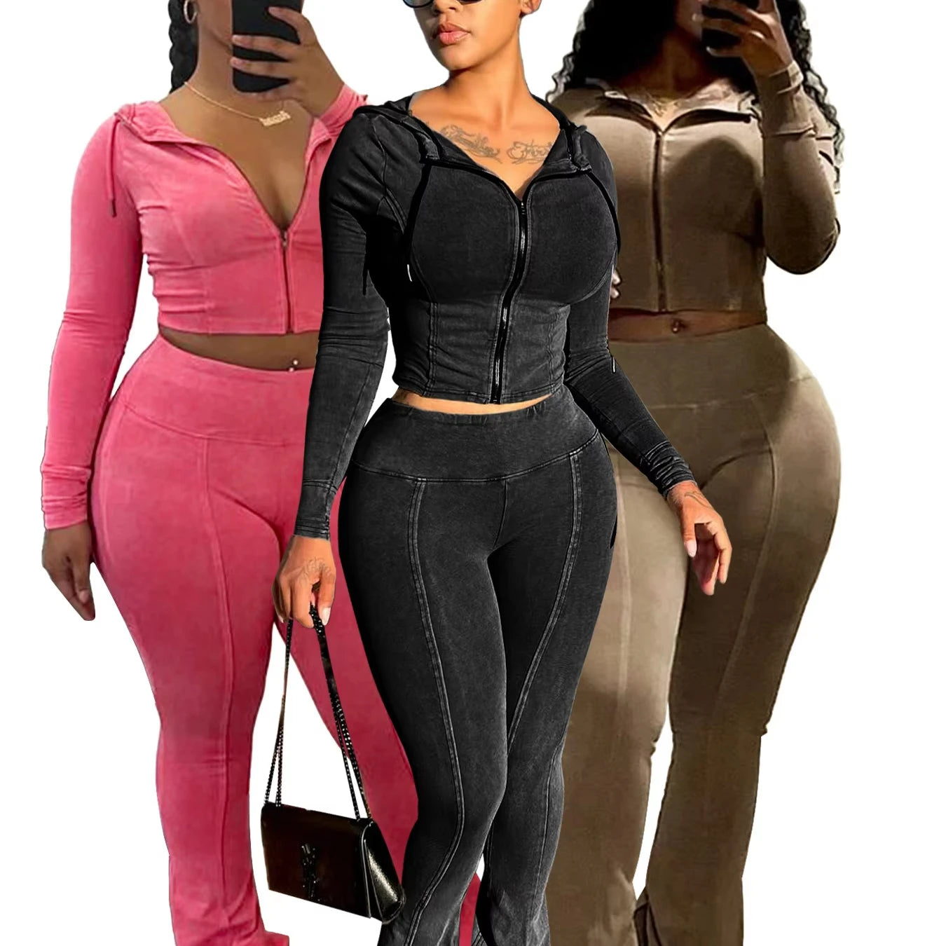 Top Quality Acid Wash Sweat Suit Tracksuit Zip up Hoodie Two Piece Flared Pants Suit Fall Winter 2 Piece Sets for Women