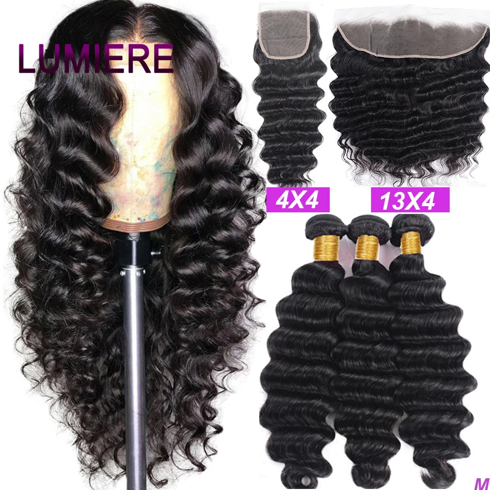 40" Loose Deep Wave Human Hair Bundle With Closure Frontal HD Transparent Lace Closure With Bundle Human Hair Weave Bundles Deal