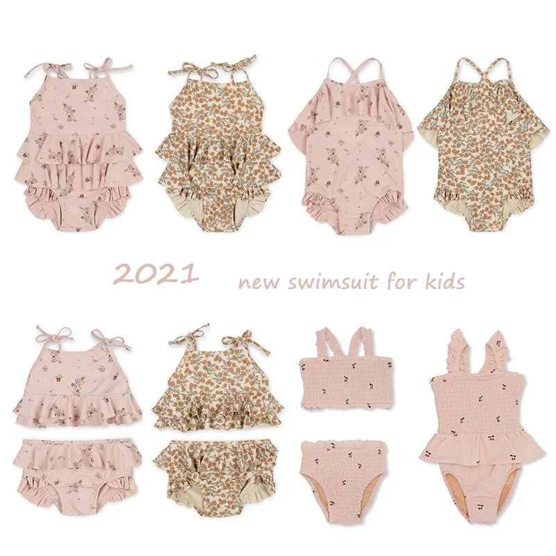 deer jonmi 2026 New Summer Baby Girls Floral Printed Swimwear Shoulder Off Kids Jumpsuits Vacation Clothes Beach Bikini Swimsuit
