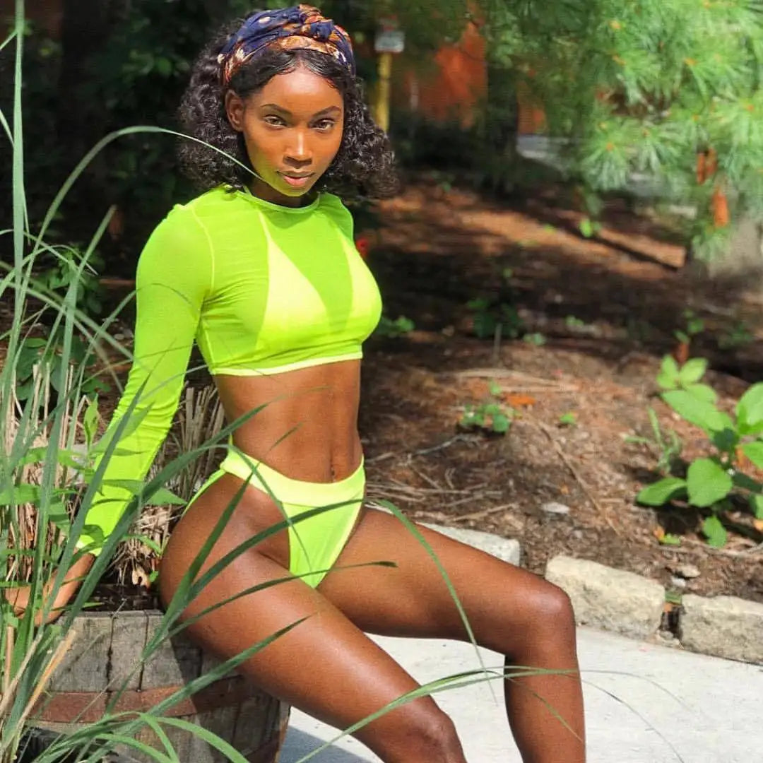 2024 Neon Yellow Crop Top Swimwear Women Summer Sexy Beachwear Mesh Long Sleeve Cover Ups Top Three Piece Swimsuit Bikini Set