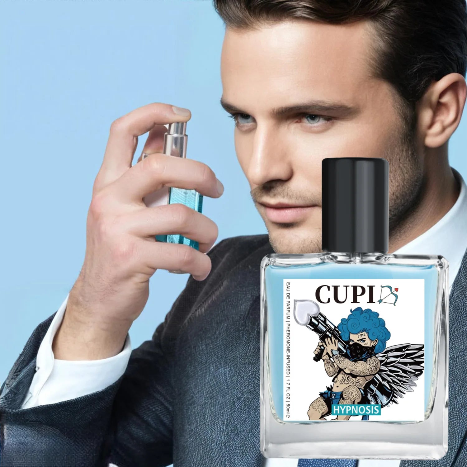 Cupid 50ml Portable Blue Phero Cologne for Men Elegant Body Spray with Comfortable Long-Lasting Fragrance