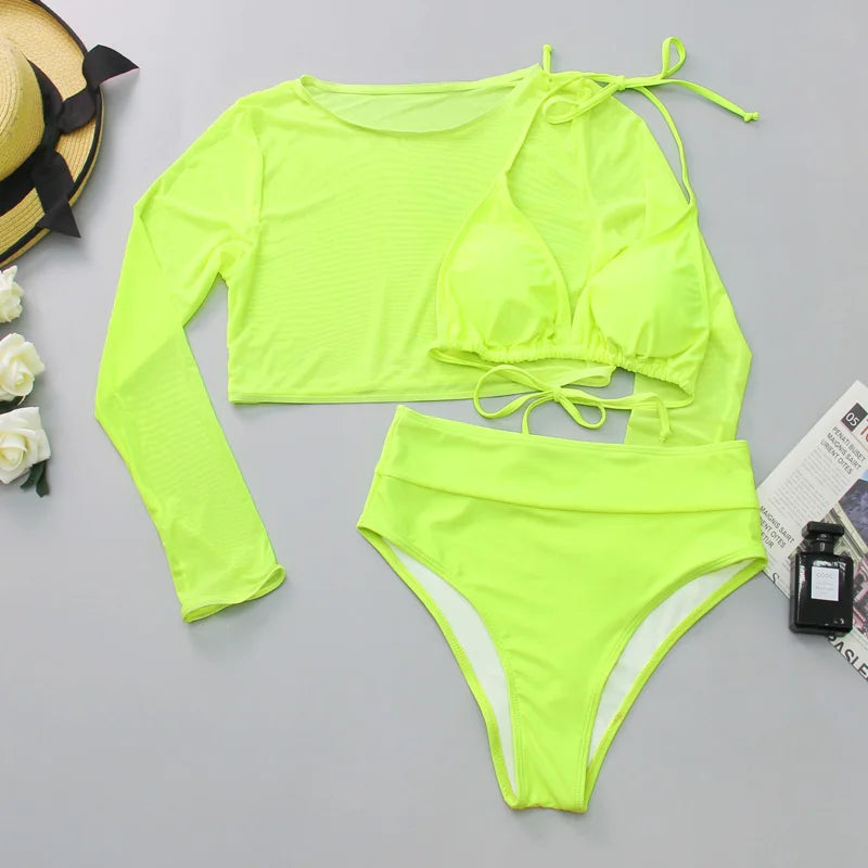 2024 Neon Yellow Crop Top Swimwear Women Summer Sexy Beachwear Mesh Long Sleeve Cover Ups Top Three Piece Swimsuit Bikini Set