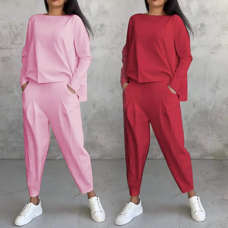 Plus Size Spring Fall Women's Clothing Ladies Solid Color O Neck Long Sleeve T Shirt Pocket Pants Casual Two Piece Women Set