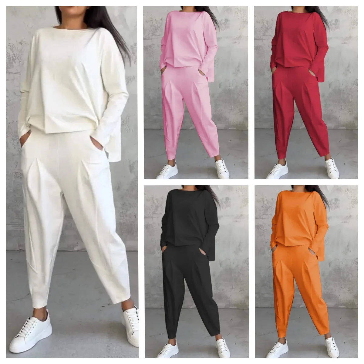 Plus Size Spring Fall Women's Clothing Ladies Solid Color O Neck Long Sleeve T Shirt Pocket Pants Casual Two Piece Women Set
