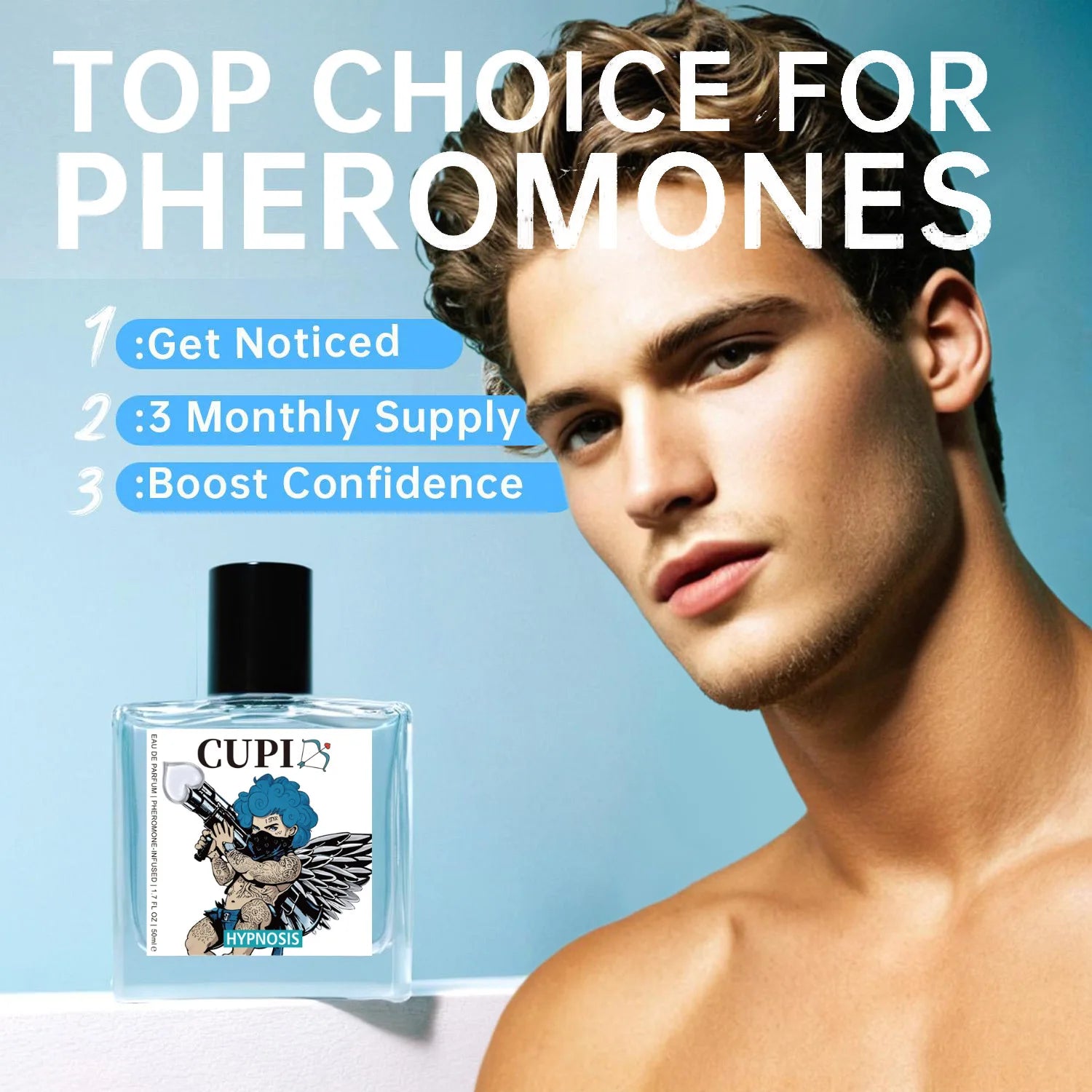 Cupid 50ml Portable Blue Phero Cologne for Men Elegant Body Spray with Comfortable Long-Lasting Fragrance
