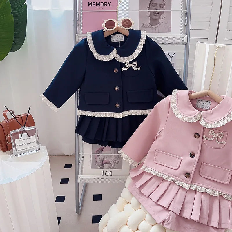 Girls Small Fragrant Wind Set Spring and Autumn New College Wind Small Fragrant Wind Top Pleated Skirt Two-piece Set