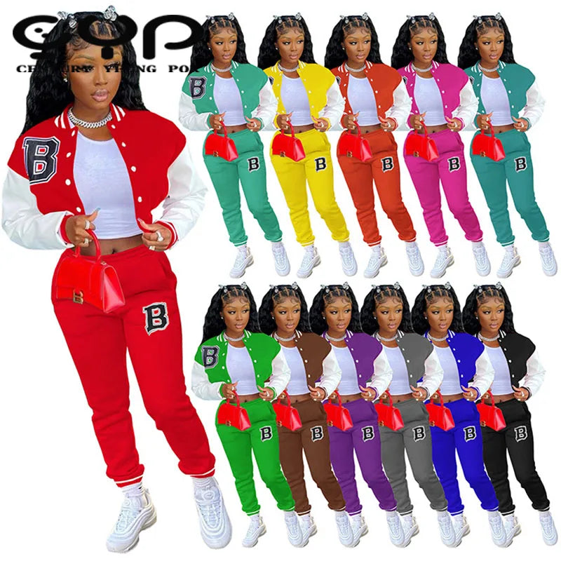Casual Two-Piece Baseball Uniform Woolen Sports Suit with Short Tops Solid Winter Design One Set Nonwoven Women's