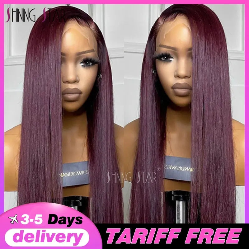 Burgundy Red Bone Straight Lace Front Human Hair Wigs Pre Plucked Colored 99J Red 13x6 Transparent Lace Frontal Wig Human Hair