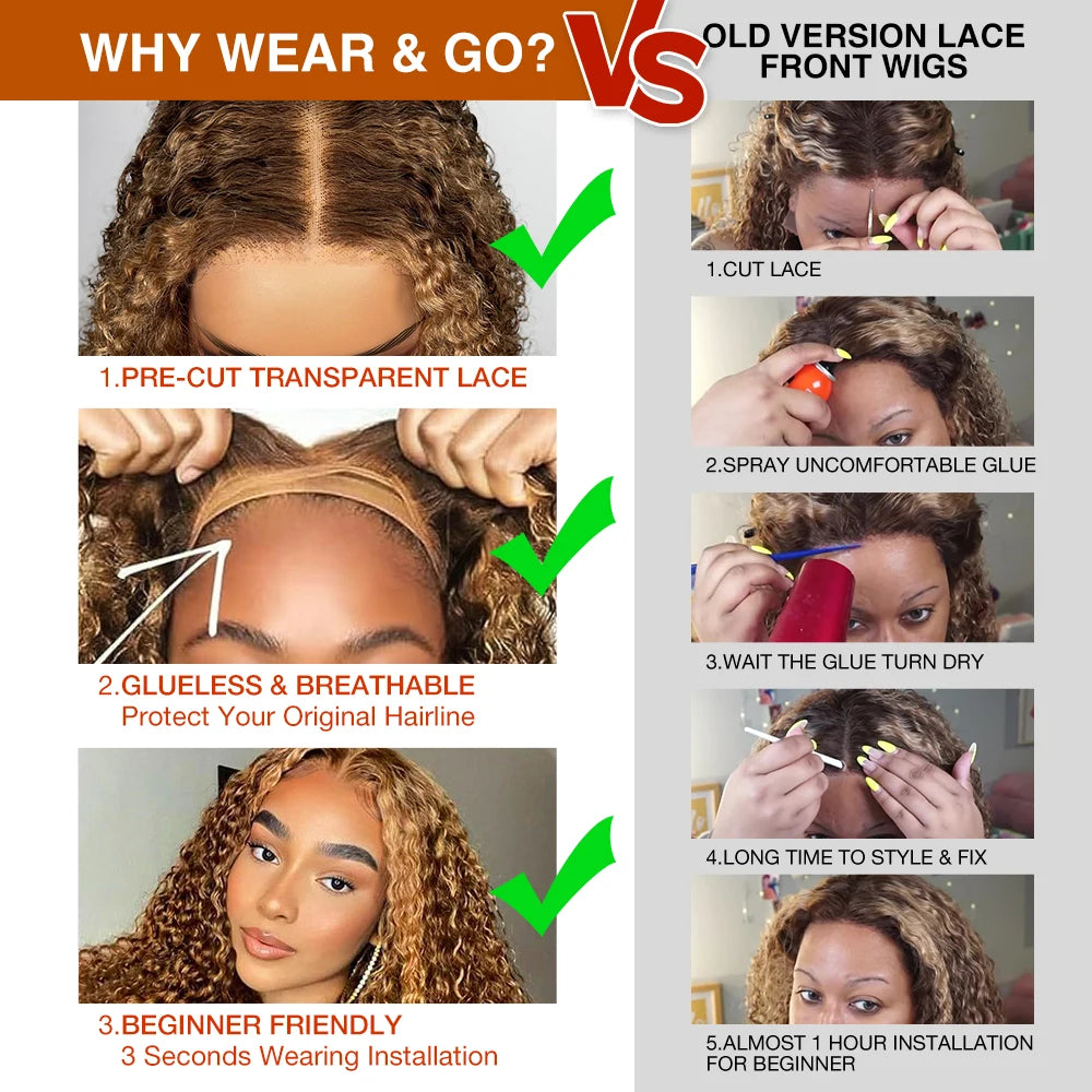 Deep Wave Honey Blonde Glueless Wigs Human Hair Pre Cut Highlight Wear and Go Curly Wigs for Women Ombre HD Lace Front Wig
