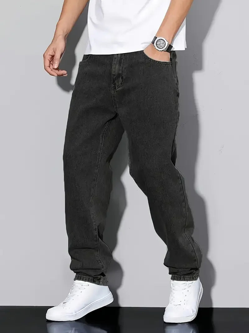 [Classic Black Denim Jeans] Classic Black Denim Jeans - Cotton Blend, Versatile All-Season Wear, Non-Stretch Fabric, Regular Fit