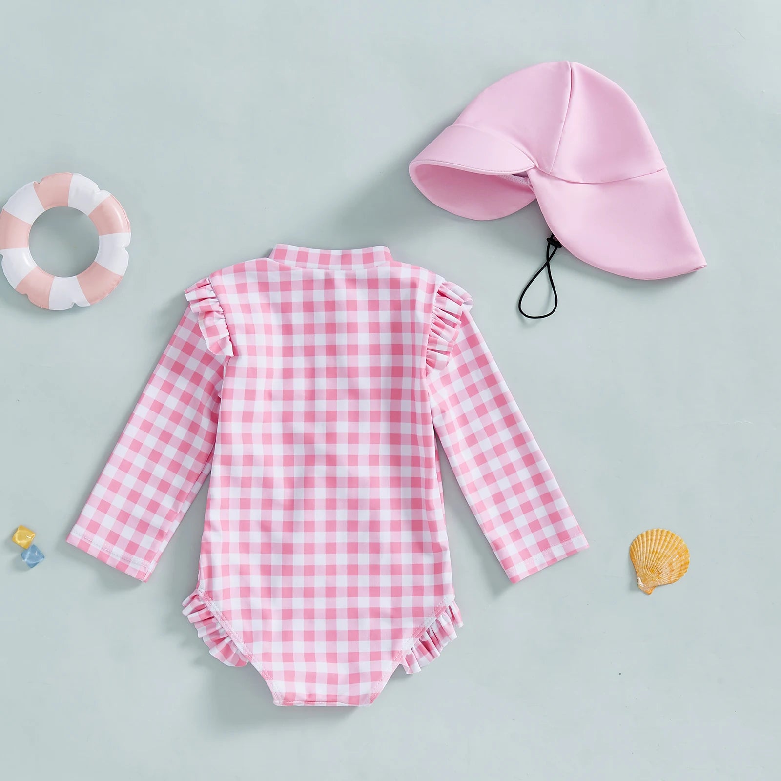 MISOWMNJOY Plaid Print New Girls Swimwear Summer Kids Swimsuit with Hat Zip Up Long Sleeve Crew Neck Baby Girls Swimming Suit