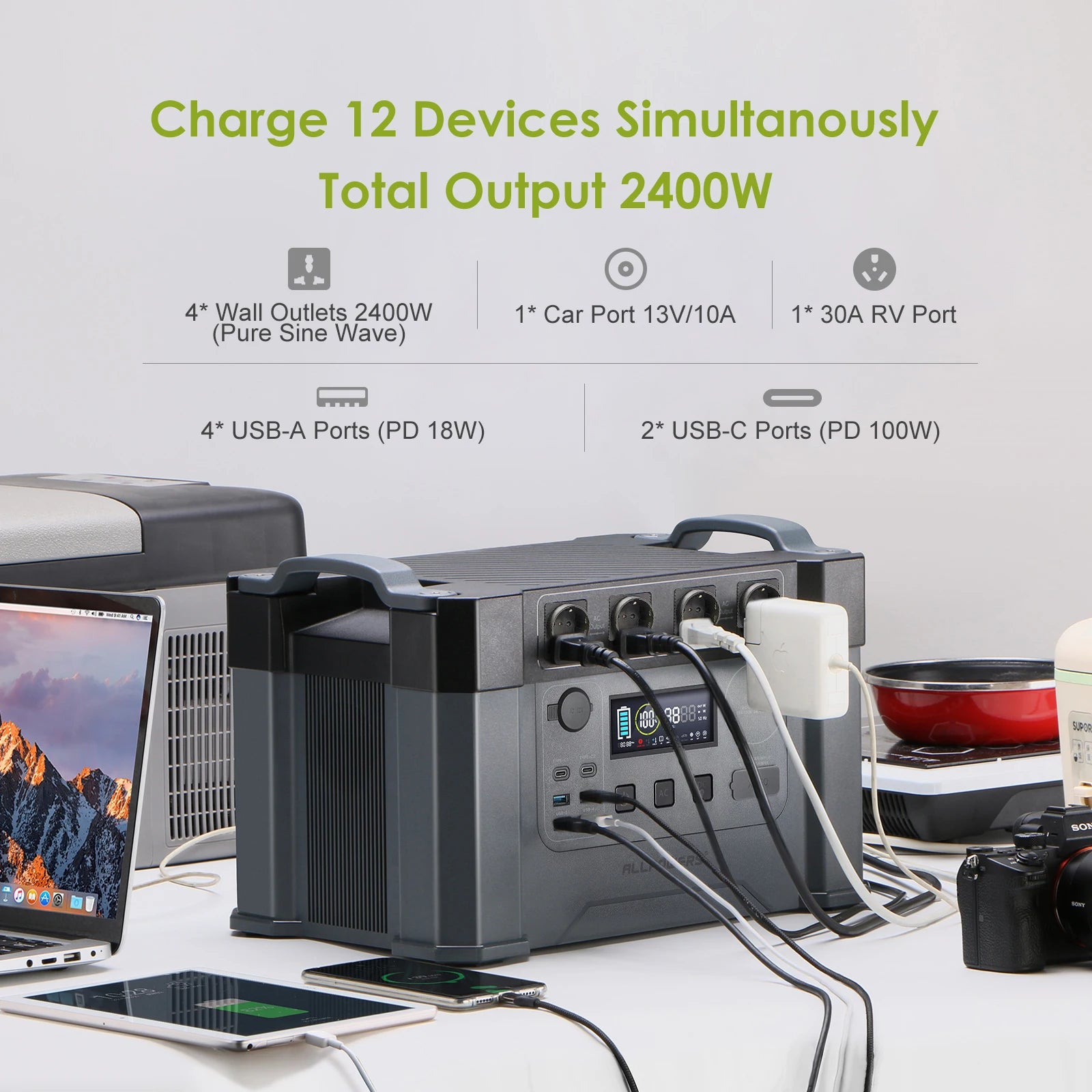 ALLPOWERS Powerstation 2400W Mobile  Energy Storage Power Supply With 18V Solarpanel, 4x2400W AC Outlet,30A RV Plug,UPS Function