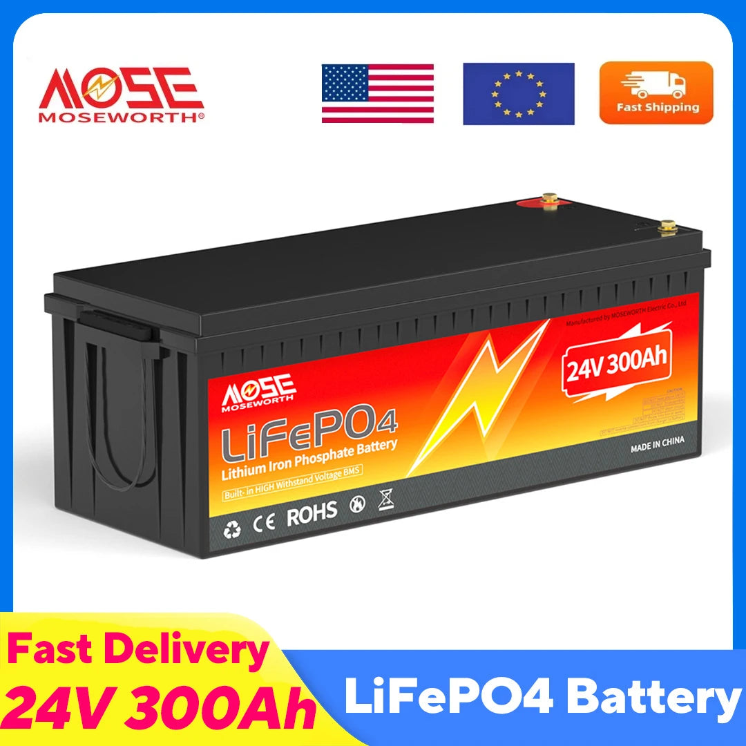 MOSEWORTH 24V 300AH LiFePO4 Battery 7680Wh Rechargeable Lithium Battery with 200A BMS 15000+ Cycles for RV Marine Backup Power