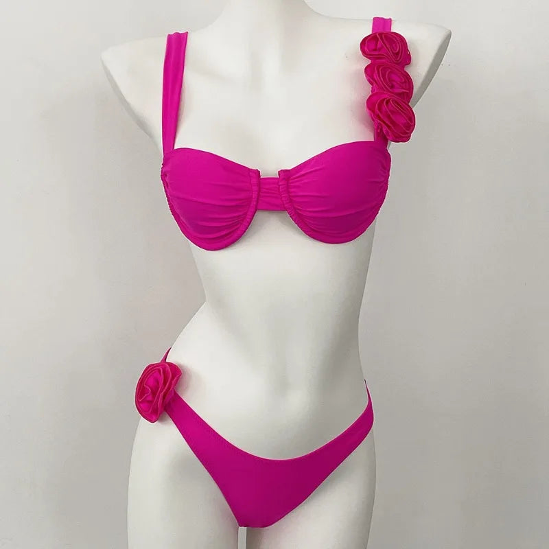 Style Flower Bikinis Women's 2 Piece 3D Rose Bikini Set High Cut Cheeky Swimsuit Floral Appliques Bathing Suit