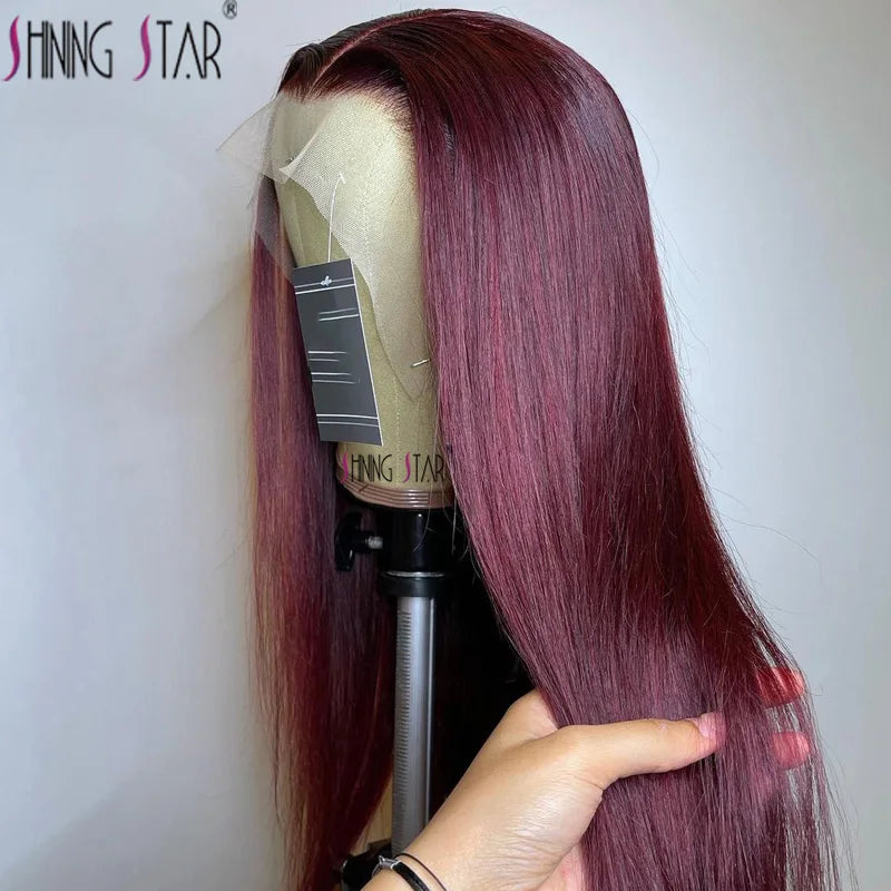 Burgundy Red Bone Straight Lace Front Human Hair Wigs Pre Plucked Colored 99J Red 13x6 Transparent Lace Frontal Wig Human Hair